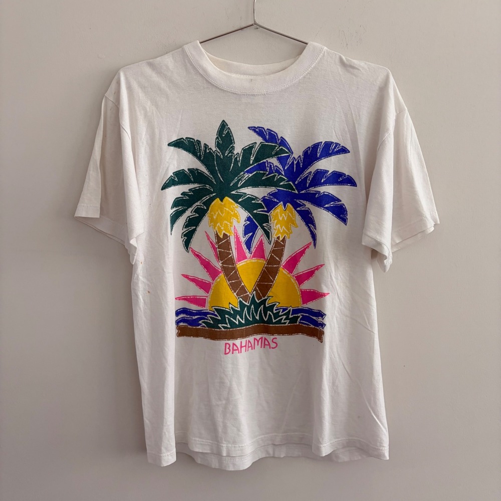 Vintage Dorsett Tees Bahamas Palm Tree Graphic T-Shirt White Medium